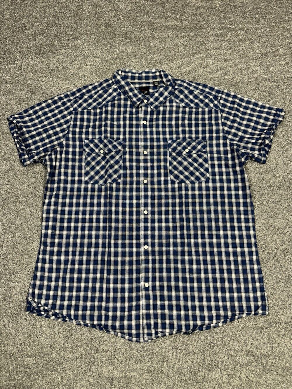 J. Ferrar Mens Shirt XXL Pearl Snap Short Sleeve Blue Plaid Cotton